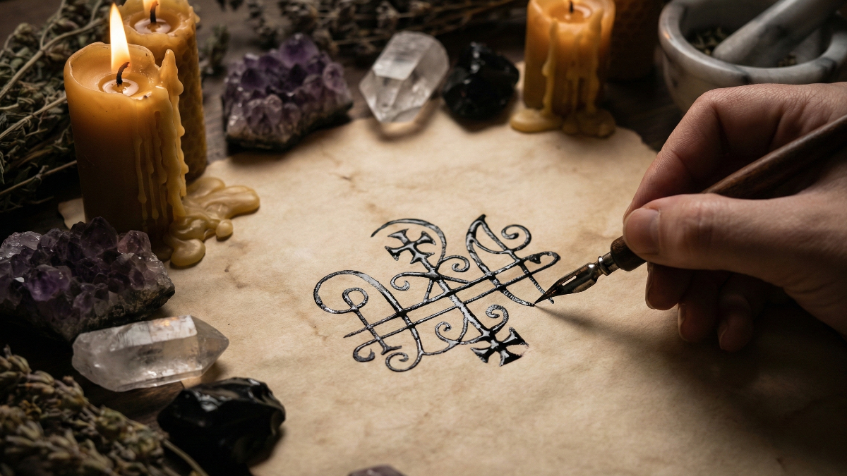Hand drawing an abstract sigil with a dip pen on aged parchment beside beeswax candles, amethyst and dried herbs
