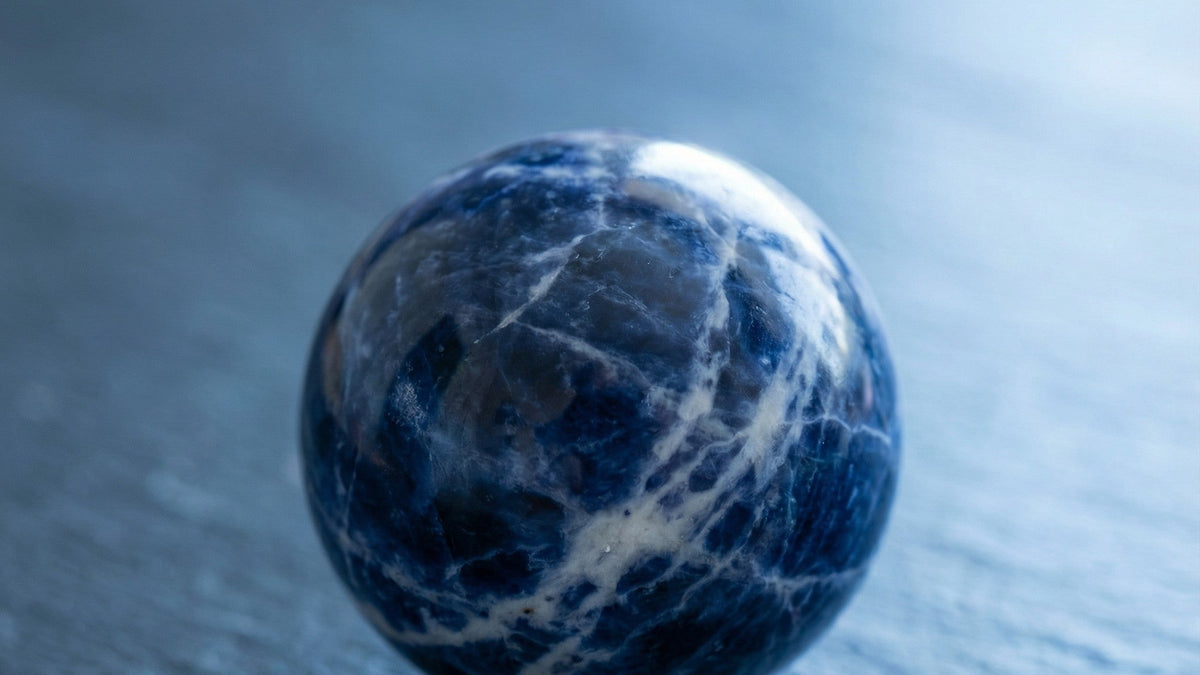 A polished deep blue sodalite sphere with white veins resting on a smooth blue-gray stone surface in soft cool light