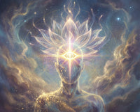 Glowing figure with a radiant third eye and a translucent lotus crown against a starry nebula