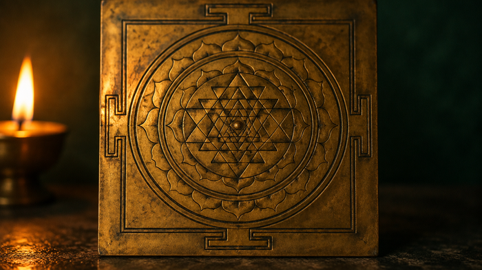 Engraved brass Sri Yantra plate with nine interlocking triangles, lotus petal rings and gates, an oil lamp beside it