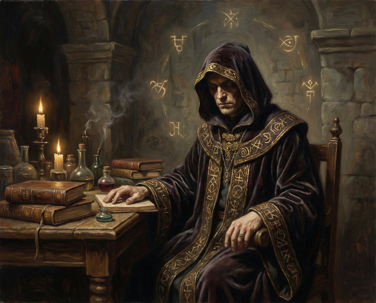 An occultist at a candlelit desk with old books and glowing sigils, evoking ceremonial magic study