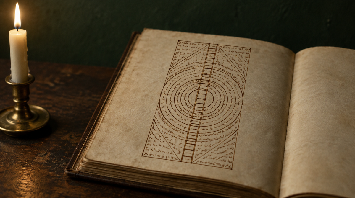An open vellum manuscript showing a hand-drawn diagram of circles and a ladder, lit by one candle