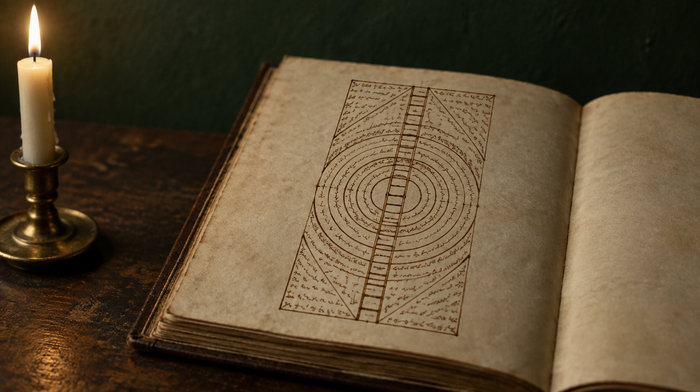An open vellum manuscript showing a hand-drawn diagram of circles and a ladder, lit by one candle