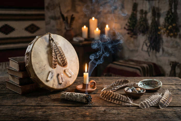Shamanic frame drum with feathers and quartz points beside candles and drying herbs on a wooden table