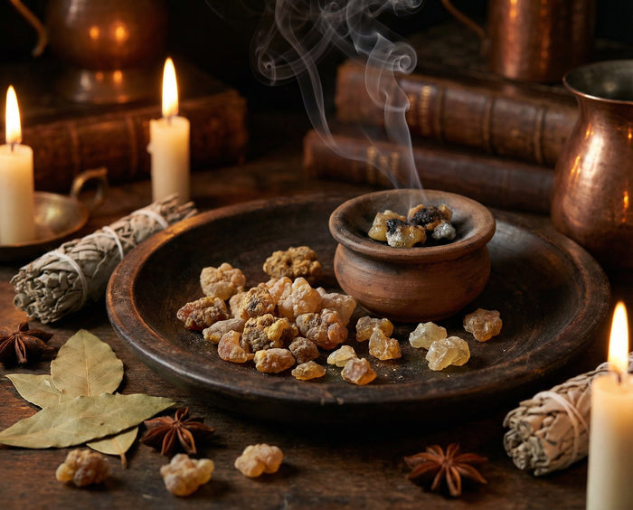 Incense resin in a wooden bowl next to a smoldering clay censer, candles and dried bay leaves