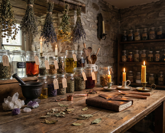 Rustic still room with hanging herb bundles, labelled apothecary jars, a mortar and beeswax candles