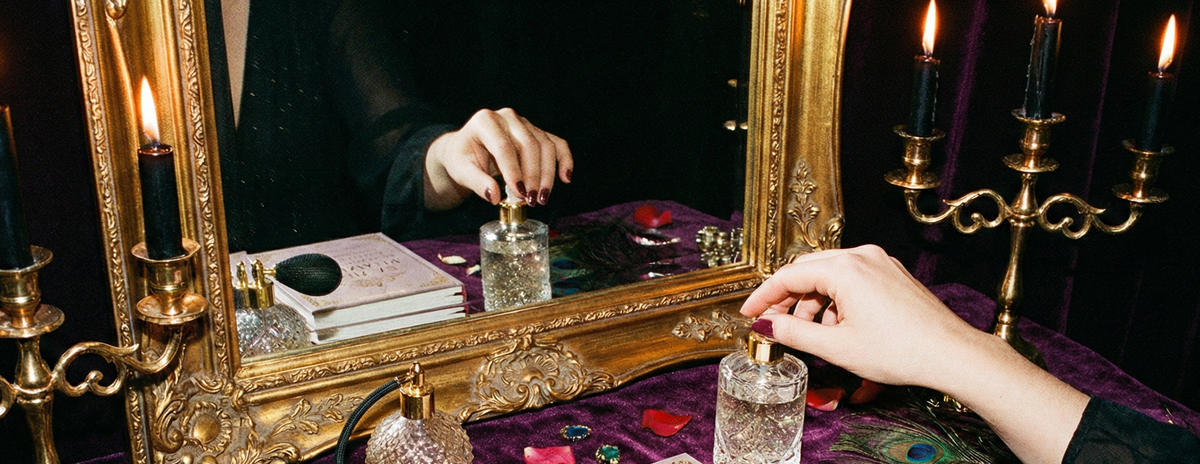 A hand lifts a cut-glass perfume bottle at a gilded vanity mirror with black candles and a peacock feather