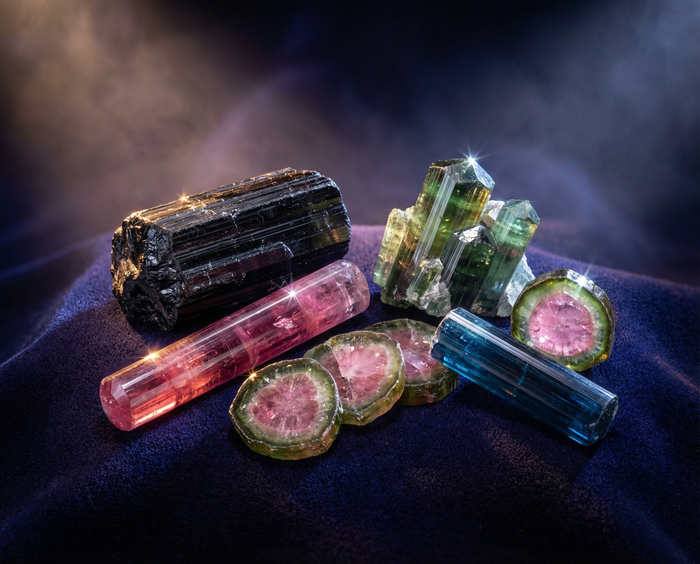 Black schorl, pink and blue tourmaline crystals, a green cluster and watermelon tourmaline slices on dark velvet