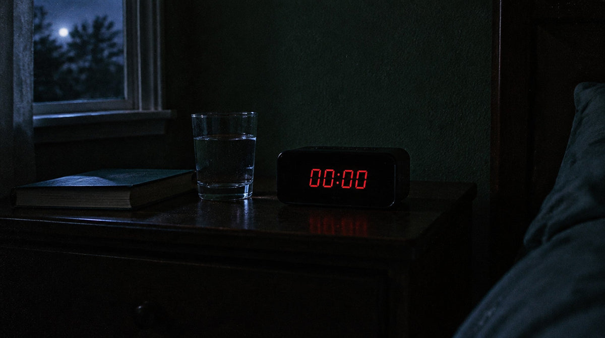 Bedside digital clock glowing red at 00:00 on a dark nightstand beside a glass of water, moon outside