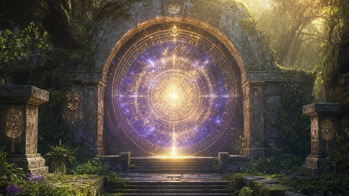 Ancient stone archway in a green forest filled with a glowing circular pattern of light and stars