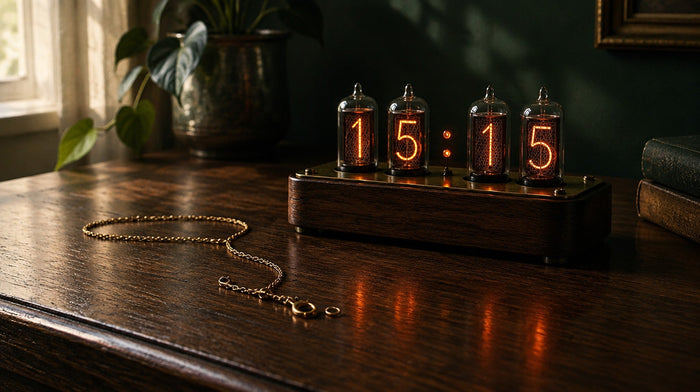 Nixie tube desk clock glowing 15:15 on a dark oak desk beside a loose gold chain with its clasp open
