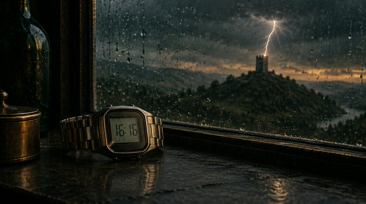 Digital watch reading 16:16 on a rainy windowsill, lightning striking a distant stone tower at dusk