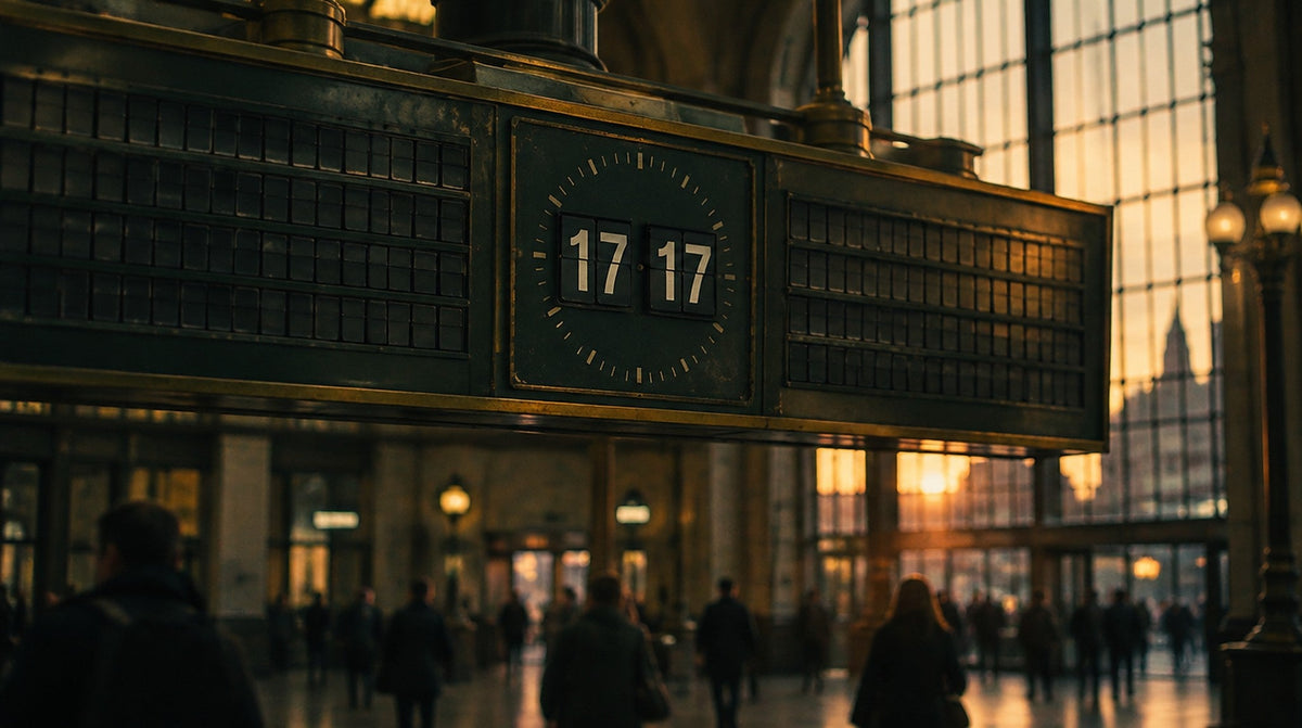 Station departure board with a split-flap clock reading 17:17 at dusk, commuters blurred below