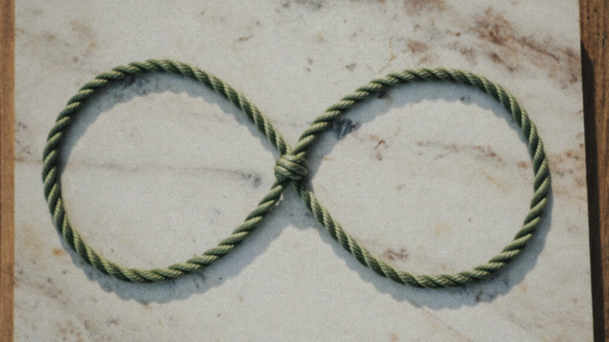 A green braided rope tied into a figure eight loop on a pale marble slab, seen from above