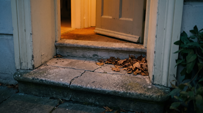 Worn stone doorstep at dusk with dry autumn leaves and warm lamplight from an open door