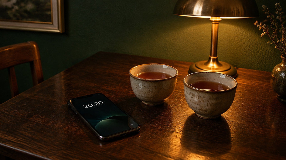 Smartphone lock screen showing 20:20 beside two cups of tea under a brass lamp on a dark wooden table