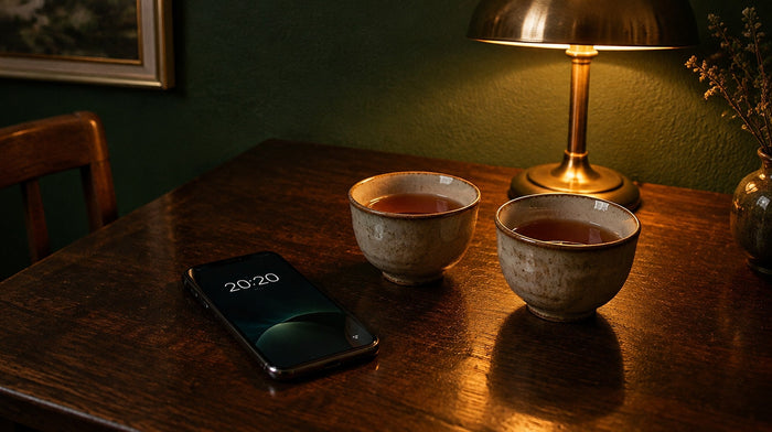 Smartphone lock screen showing 20:20 beside two cups of tea under a brass lamp on a dark wooden table