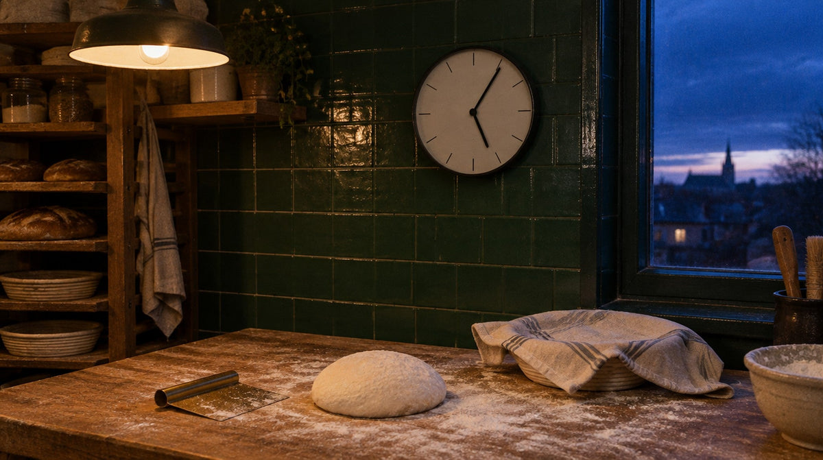 Bakery wall clock showing 5:05 before dawn above a floured workbench with bread dough and a blue window