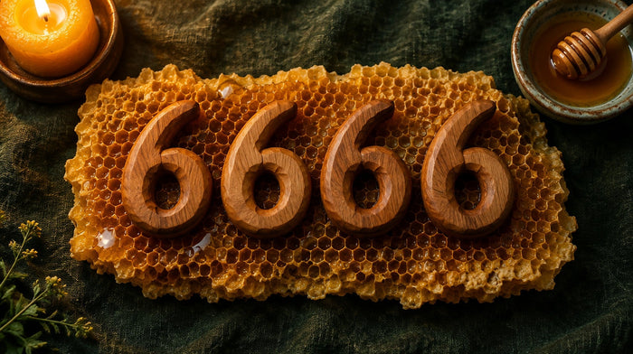 Four carved wooden numerals reading 6666 on golden honeycomb beside a dish of honey and a candle, for the 6666 angel number