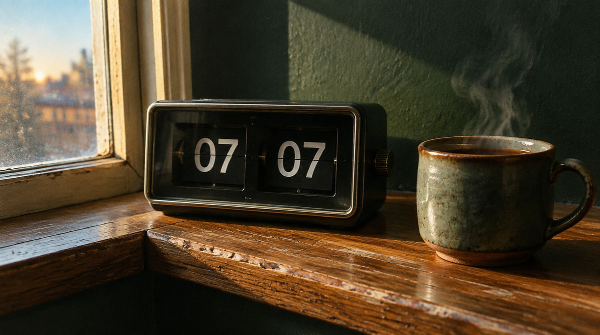 Vintage flip clock showing 07 07 on a wooden windowsill at sunrise beside a steaming mug of tea