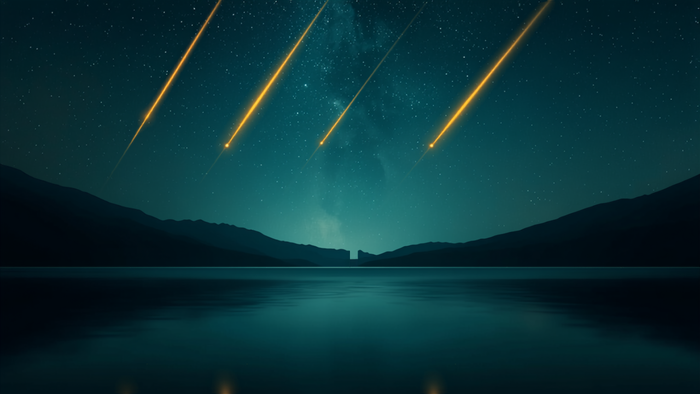 Four golden shooting stars streaking above a still dark mountain lake under a deep blue starry night sky