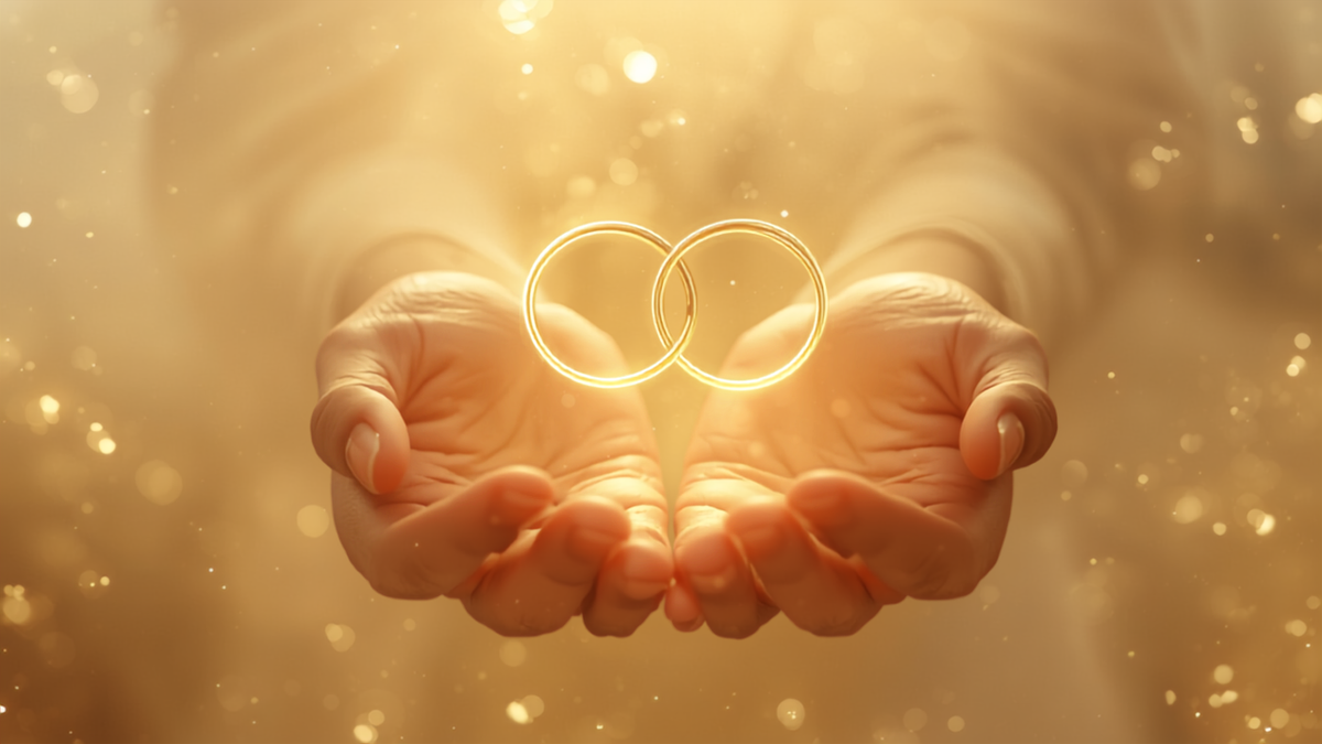 Two interlocking golden rings glowing above a pair of open cupped hands in warm golden light