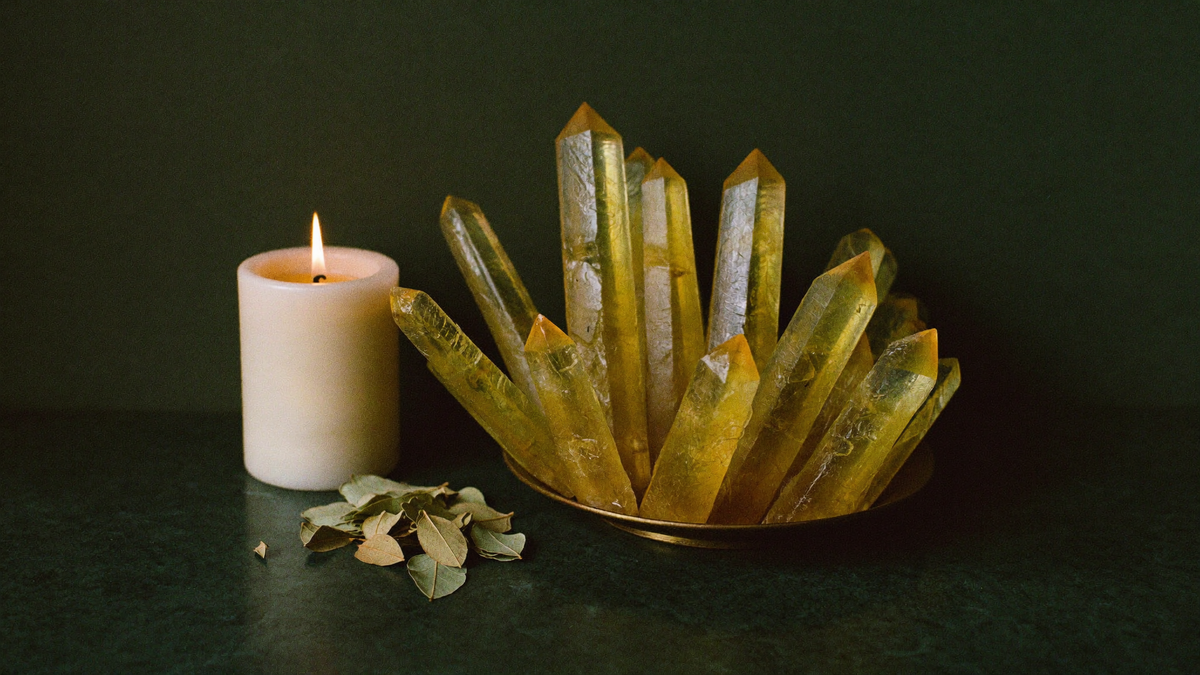 Golden citrine points in a brass dish beside a lit beeswax candle and dried bay leaves