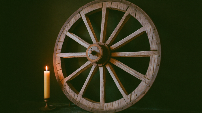 An old wooden spoked cartwheel leaning against dark stone, lit from the left by a single candle