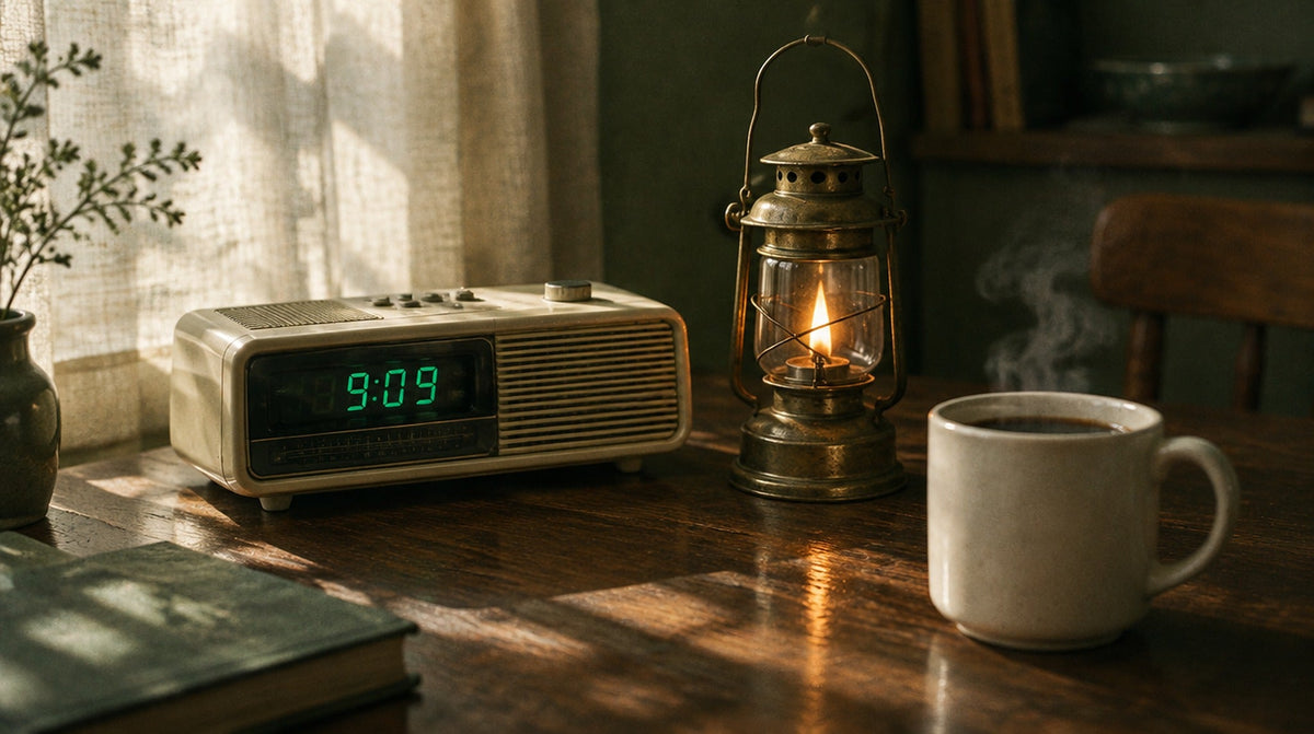 Retro clock radio glowing 9:09 on a sunlit kitchen table beside a lit brass lantern and a mug of coffee