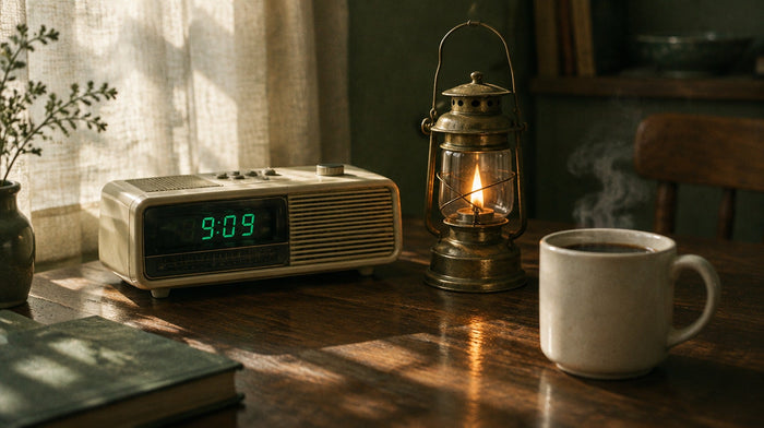 Retro clock radio glowing 9:09 on a sunlit kitchen table beside a lit brass lantern and a mug of coffee