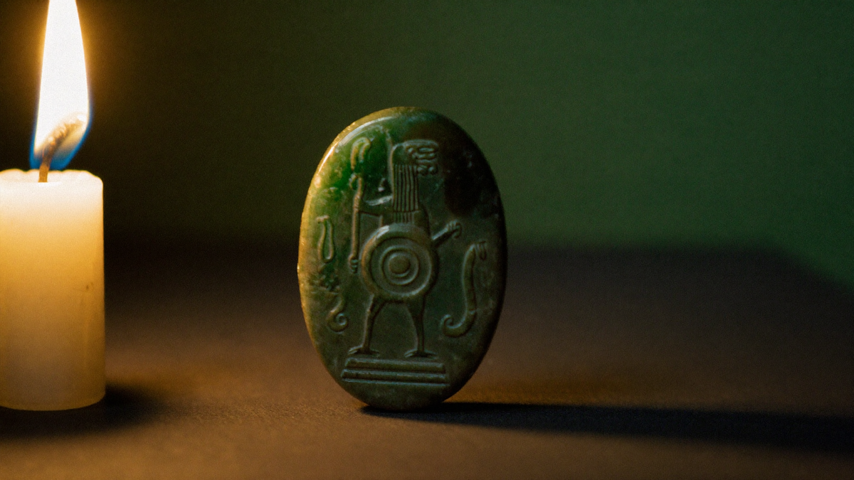 A green jasper gem carved with the rooster-headed, snake-legged Abrasax figure holding shield and whip