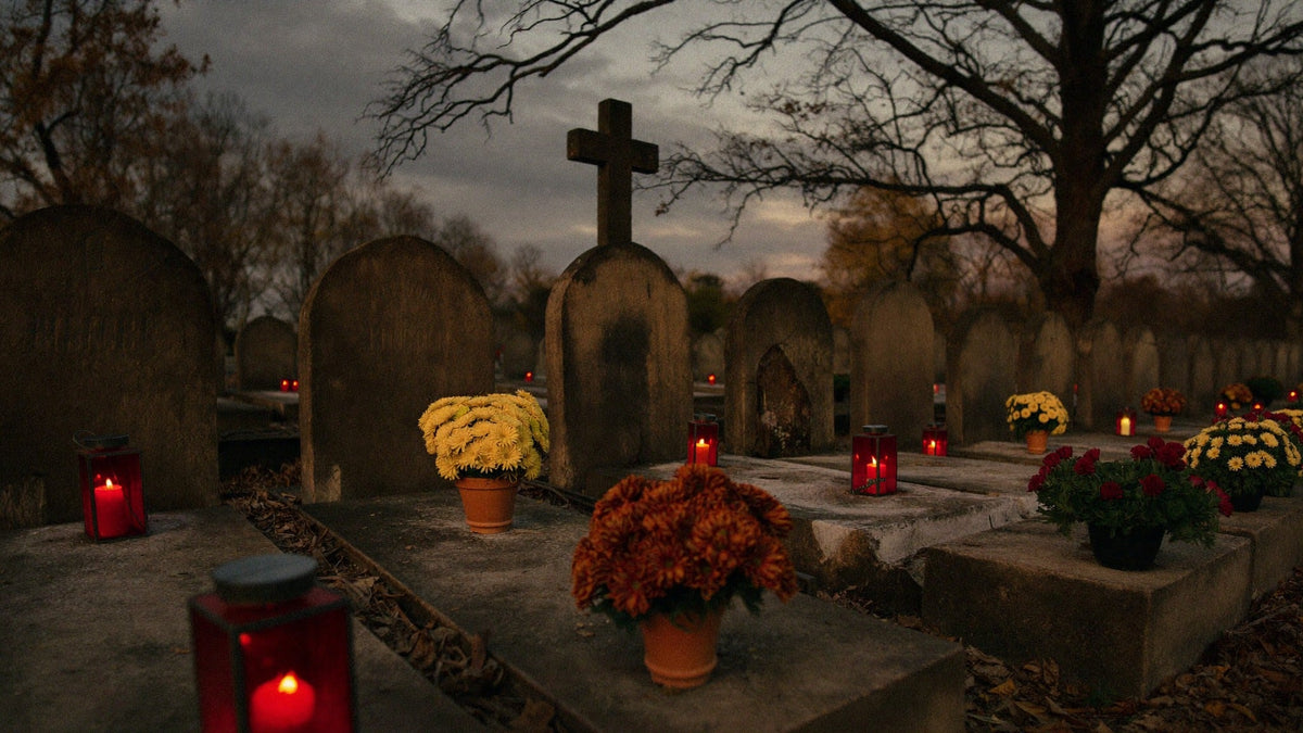 Candle-lit graves in an old churchyard at dusk on All Saints' Day, with red grave lanterns and potted chrysanthemums