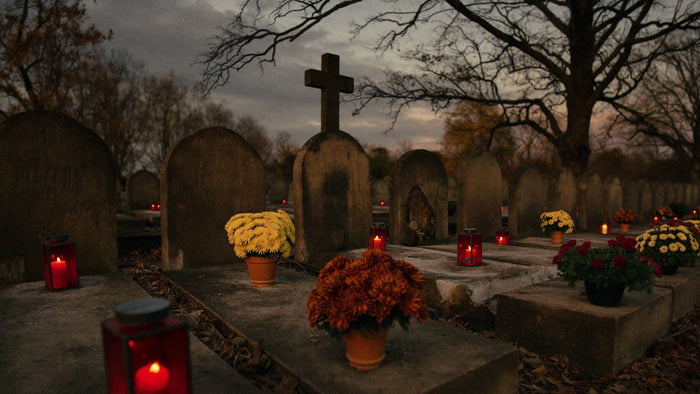 Candle-lit graves in an old churchyard at dusk on All Saints' Day, with red grave lanterns and potted chrysanthemums