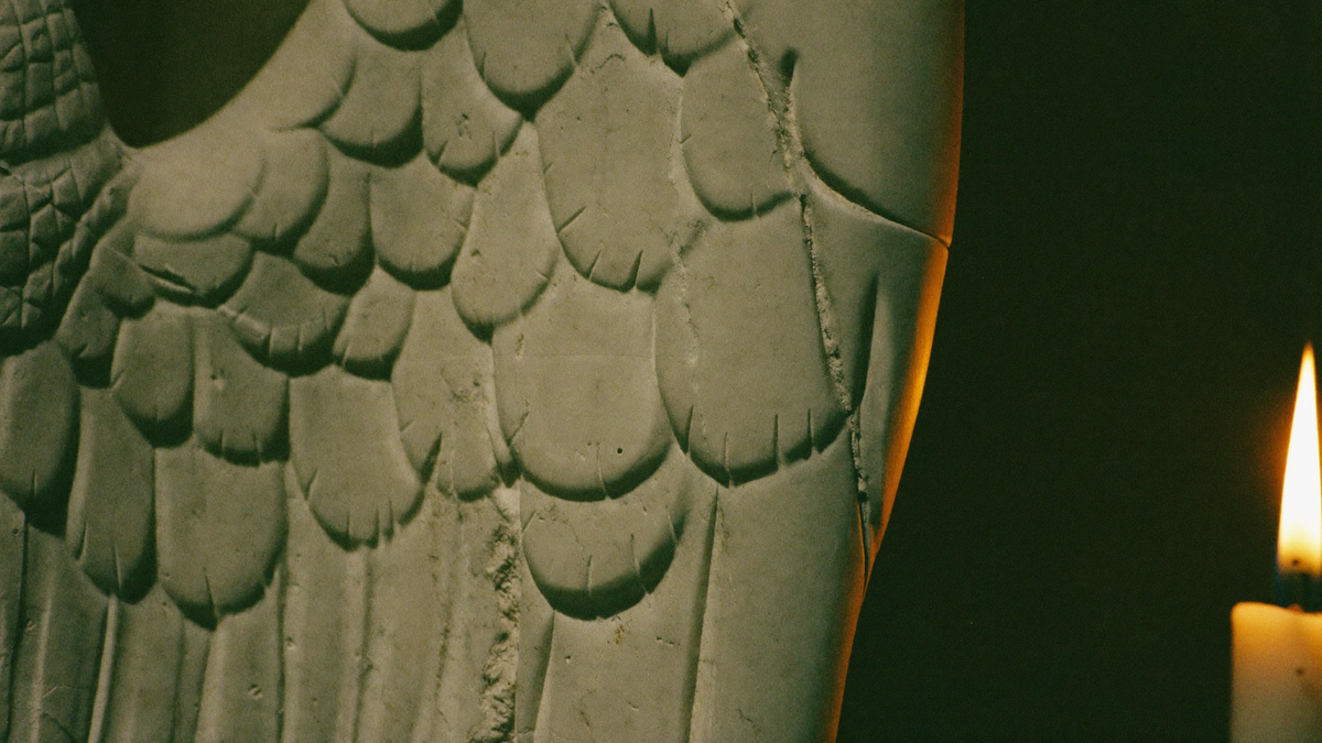 Close view of a carved stone angel wing, feathers cut into weathered pale stone, lit by candlelight
