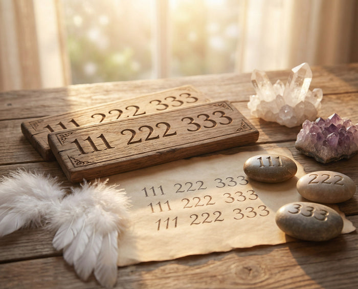 Wooden plaques and river stones carved with the numbers 111, 222 and 333 beside a white feather