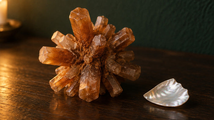 Brown sputnik aragonite cluster with blunt prisms radiating from a center, beside a piece of mother-of-pearl