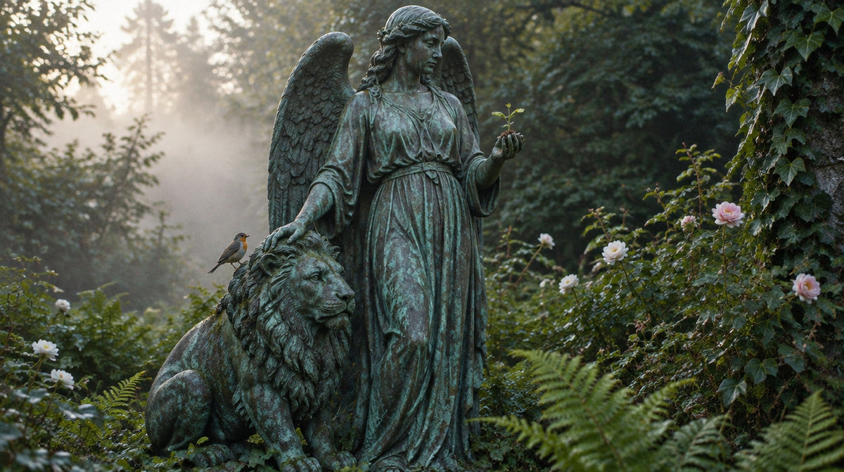 Bronze statue of Archangel Ariel with folded wings, hand on a lion, holding a seedling in a misty garden