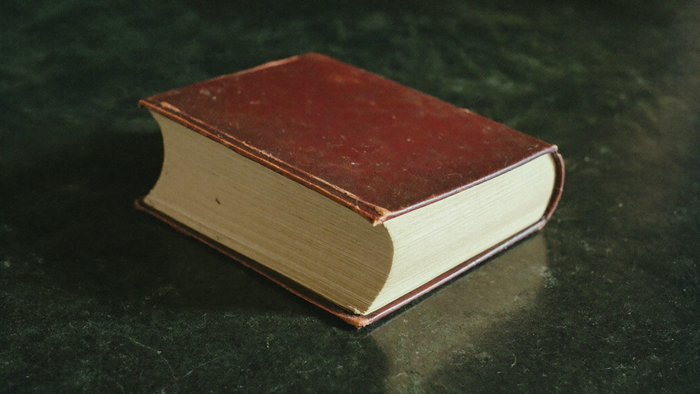 An old closed book with a worn dark red leather cover and thick cream page edges resting on dark green stone