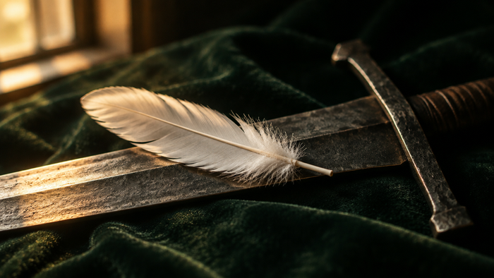 White feather resting across the blade of a hand-forged iron sword on dark green velvet