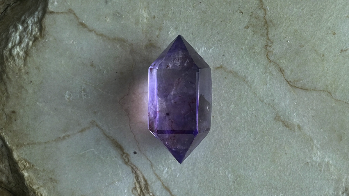 A single polished amethyst point resting on a pale limestone slab in cool morning light