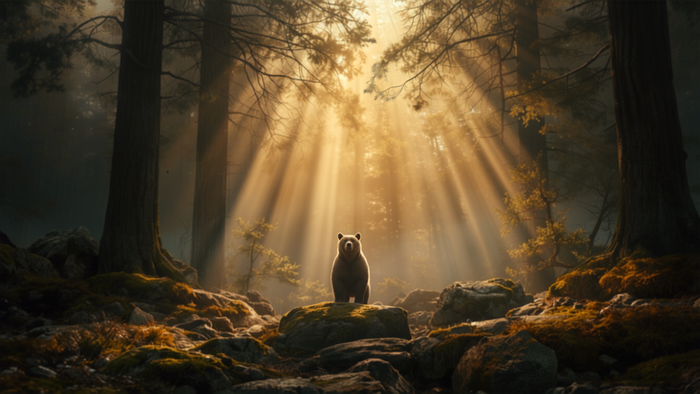 Brown bear standing on a mossy rock in a misty forest clearing with sunbeams falling through pines