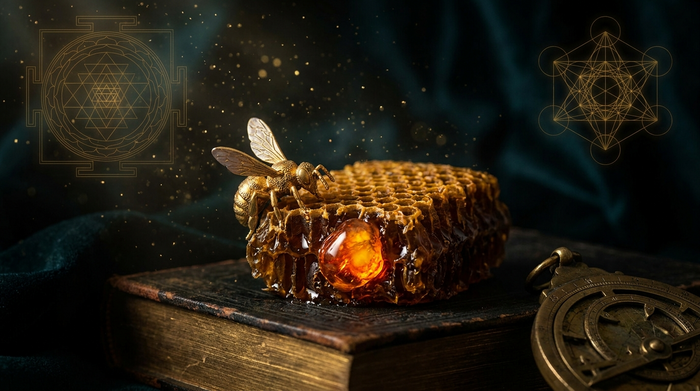 Golden bee on dripping honeycomb beside a glowing amber drop, sacred geometry faint in the dark background