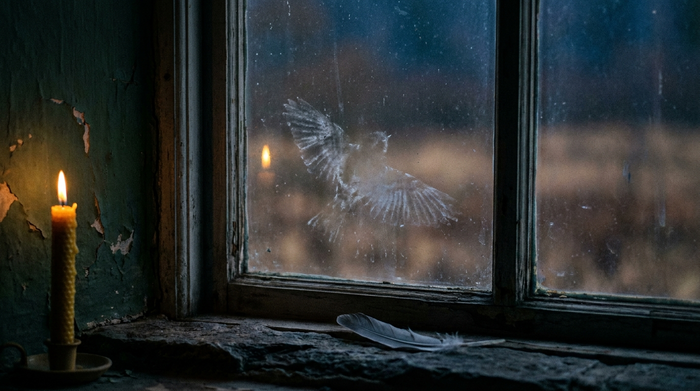Dusty imprint of spread wings on an old window pane at dusk with a single grey feather on the stone sill