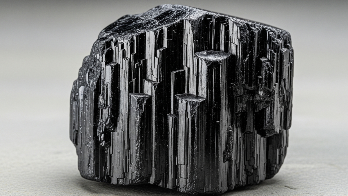 Raw black tourmaline crystal showing the deep vertical striations typical of schorl
