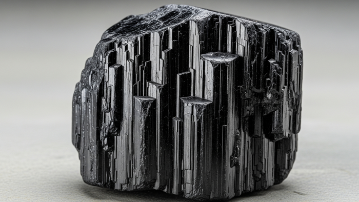 Raw black tourmaline crystal showing the deep vertical striations typical of schorl