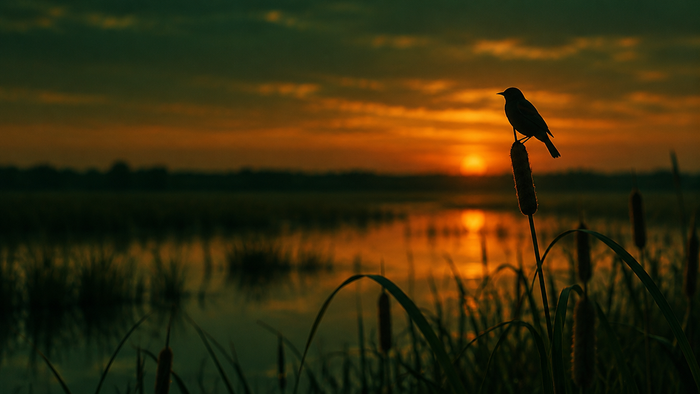 Songbird silhouetted on a cattail above a marsh at dusk, the sun low behind the reeds