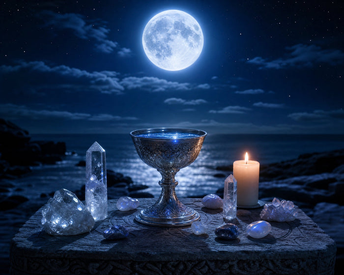 Full moon over the sea above a silver chalice, candle and clear quartz on a carved stone altar