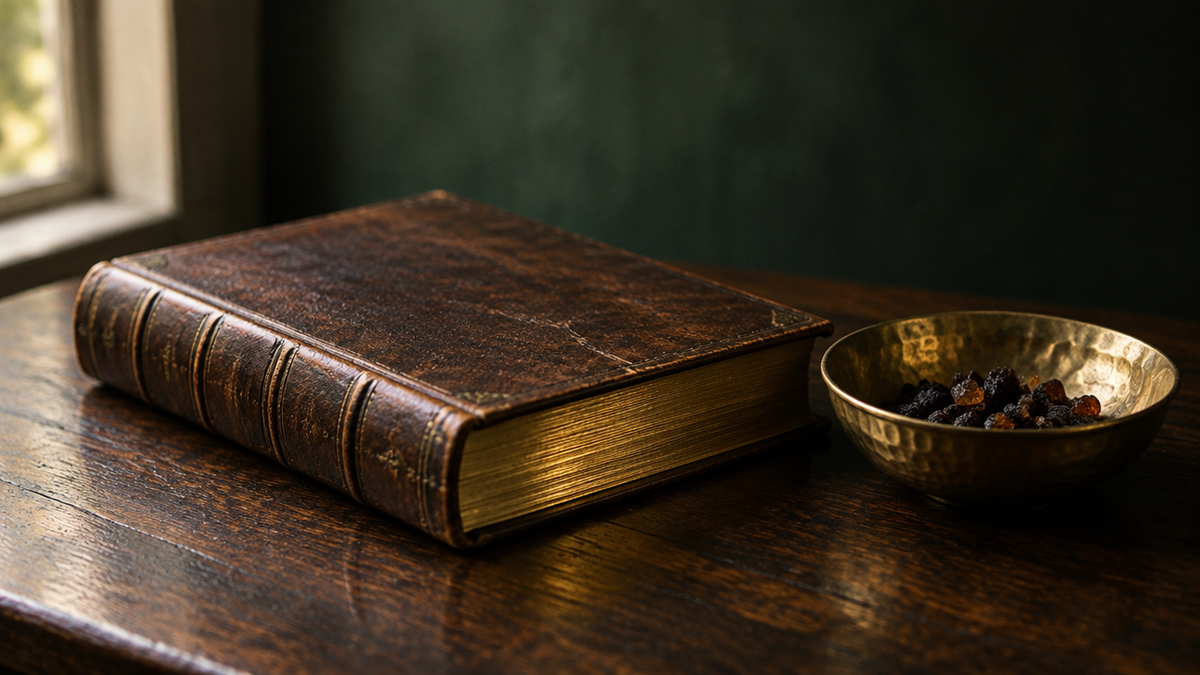 Plain leather-bound volume with gilt page edges beside a brass bowl of resin on dark oak