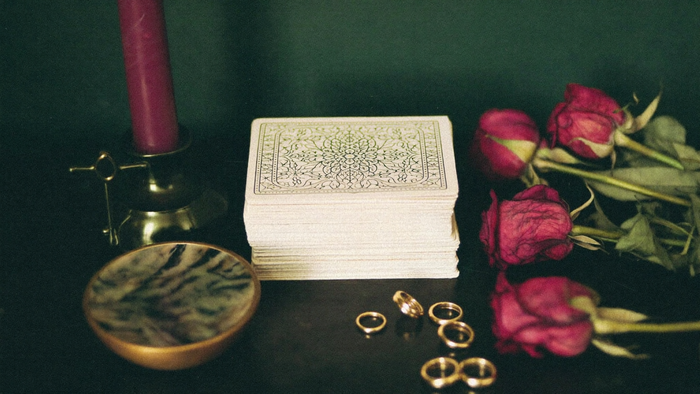 Face-down tarot deck, brass bowl, dried roses and gold rings on a dark altar table in candlelight