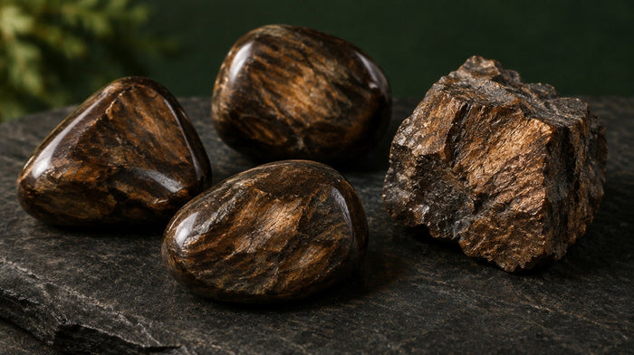 Three polished bronzite tumbled stones and a rough bronzite chunk with bronze sheen on dark slate